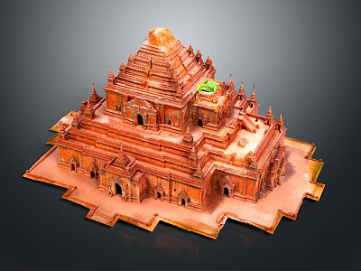 Ancient Multi tiered Red Brick Temple Architecture With Ornate Carvings And Green Top 3d model