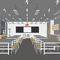 School Classroom Interior With White Tables Yellow Stools Blackboard Windows And Cabinets 3d model