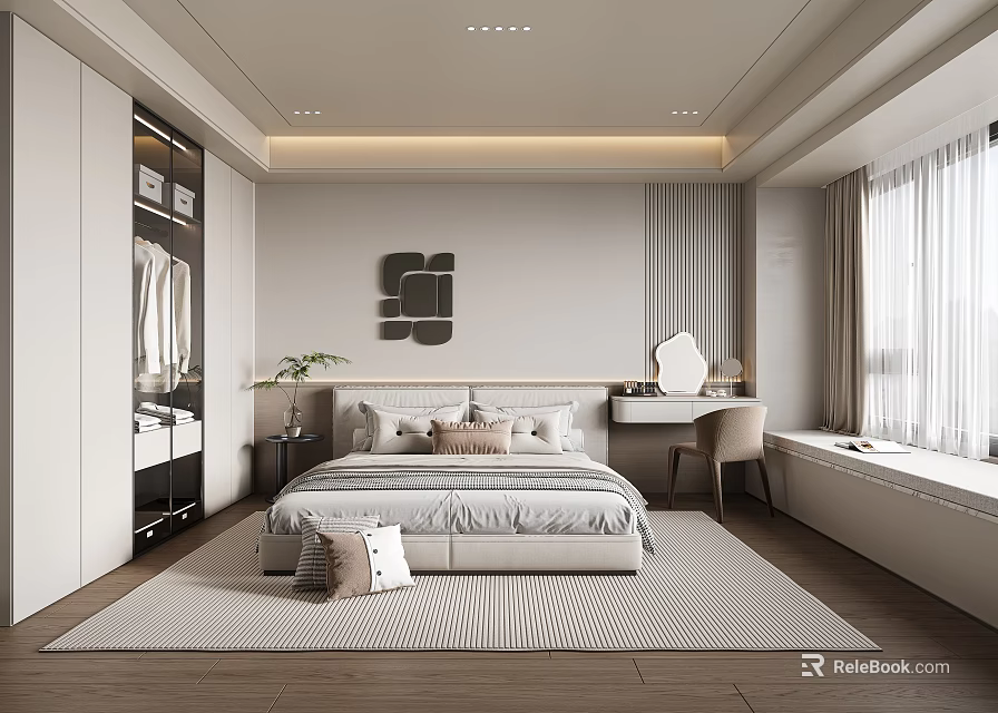 Modern Bedroom With White Wardrobe Three Square Wall Art Dressing Table Chair Curtains And Rug 3d model 