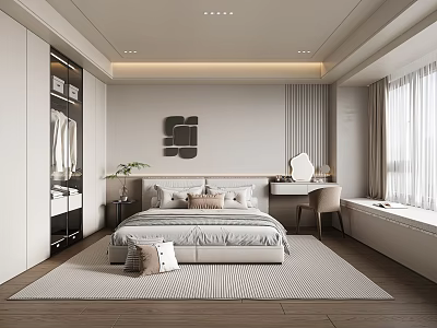 Modern Bedroom With White Wardrobe Three Square Wall Art Dressing Table Chair Curtains And Rug 3d model
