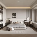 Modern Bedroom With White Wardrobe Three Square Wall Art Dressing Table Chair Curtains And Rug