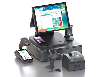 Commercial Equipment Including Cash Register Monitor Handheld POS Device Receipt Printer And Cash Drawer 3d model