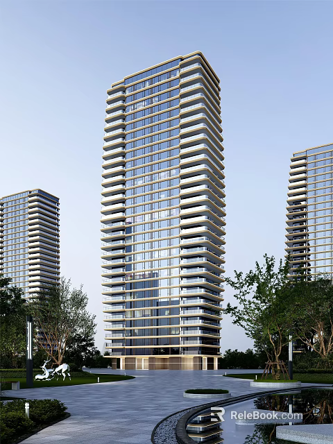 Modern High Rise Buildings With Glass Facades And Surrounding Trees 3d model 