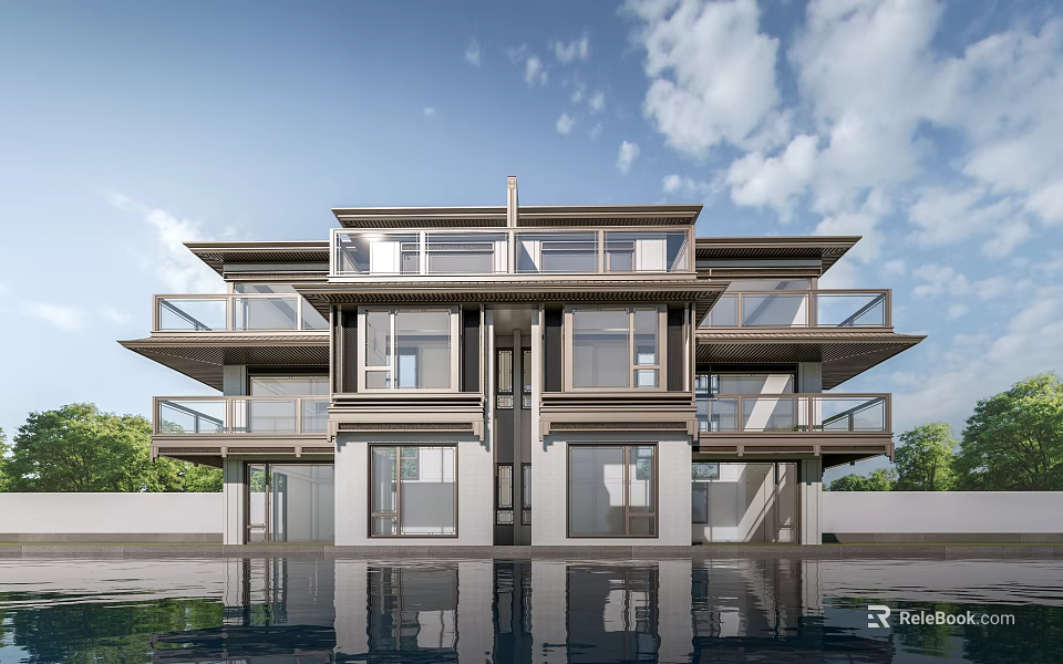 Modern Detached Villa Exterior Design with Multi Storey Balconies Large Windows Waterfront and Greenery Surroundings 3d model 