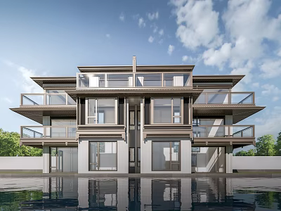Modern Detached Villa Exterior Design with Multi Storey Balconies Large Windows Waterfront and Greenery Surroundings 3d model