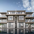 Modern Detached Villa Exterior Design with Multi Storey Balconies Large Windows Waterfront and Greenery Surroundings
