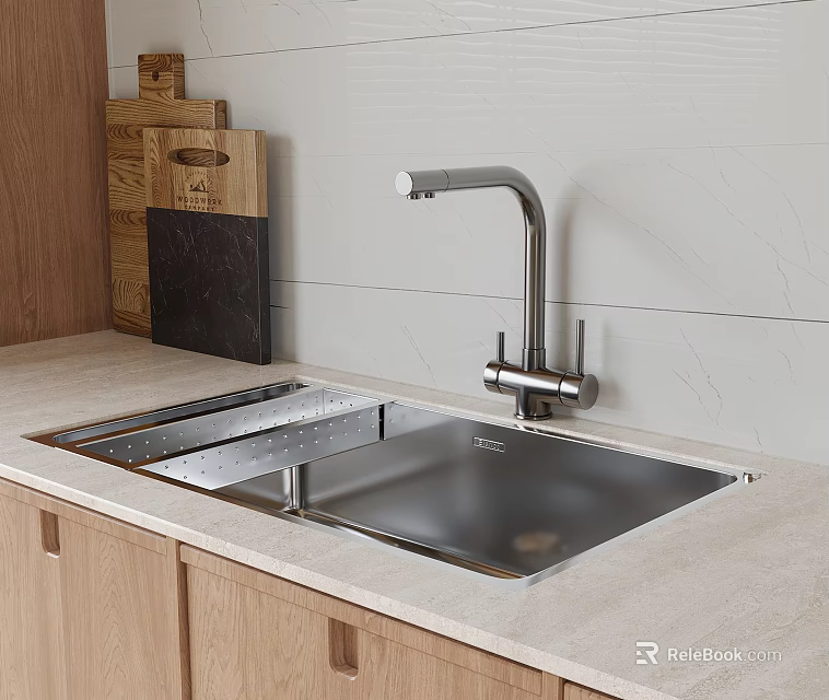 Stainless Steel Kitchen Sink with Modern Faucet on Countertop and Wooden Cutting Boards 3d model 
