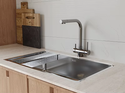 Stainless Steel Kitchen Sink with Modern Faucet on Countertop and Wooden Cutting Boards 3d model