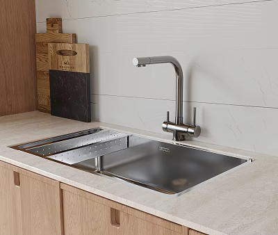 Stainless Steel Kitchen Sink with Modern Faucet on Countertop and Wooden Cutting Boards 3d model
