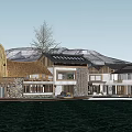 Rural Self Built House With Modern Wooden Structure By Waterfront And Snow Mountain View