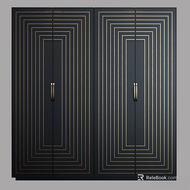 Modern Black Dresser With Golden Geometric Lines And Metal Handles Design 3d model 