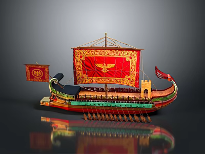 Ancient Sailing Vessel With Red Sails Golden Eagle Emblem Flags Rowing Oars And Ornate Hull 3d model