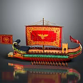 Ancient Sailing Vessel With Red Sails Golden Eagle Emblem Flags Rowing Oars And Ornate Hull