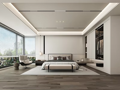 Minimalist Modern Bedroom Interior Design With Platform Bed Large Windows And Wooden Floor 3d model