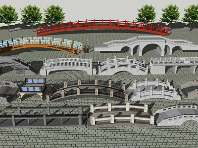 Various Landscape Bridge Designs Featuring Red And White Structures With Trees 3d model