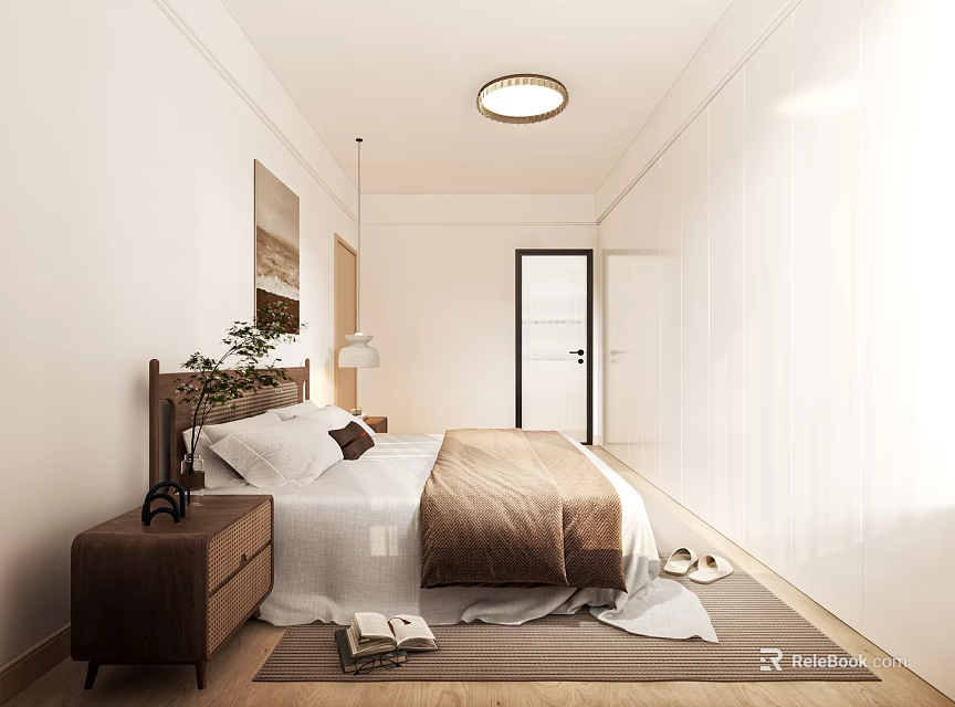 Modern Bedroom Interior With Brown Comforter White Sheets Wooden Nightstand And Wall Painting 3d model 