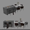 Modern Dining Table Set With Rectangular Marble Top Brown Chairs And Decorative Plant 3d model