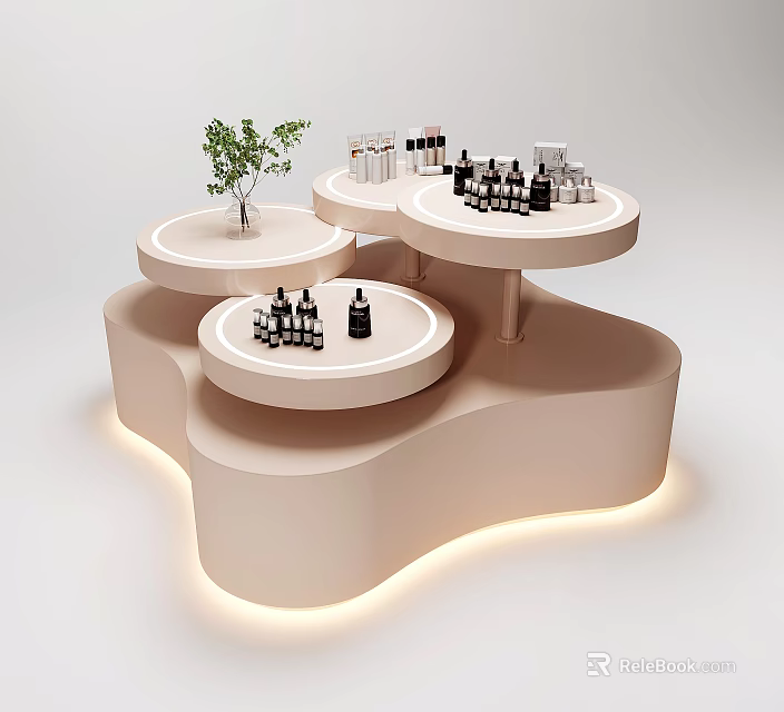 Modern Display Shelf with Circular Platforms Cosmetic Bottles and Potted Plant Illuminated Base 3d model 