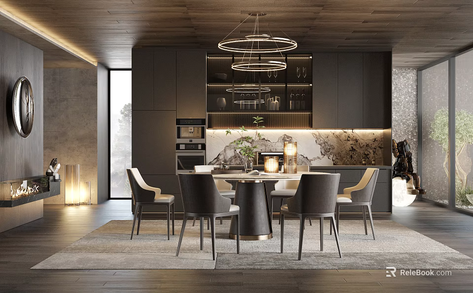 Modern Restaurant Interior With Dining Table Gray Chairs And Pendant Lights 3d model