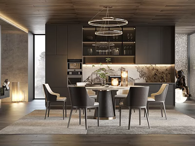 Modern Restaurant Interior With Dining Table Gray Chairs And Pendant Lights 3d model