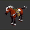 Red Horse With White Mane Tail Yellow Saddle Brown Bridle And White Hooves