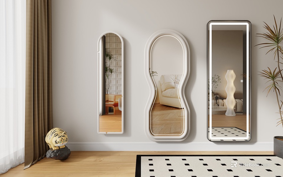 Modern Wall Mounted Mirrors With Sofa Plants And Floor Lamp Reflections In Interior 3d model 