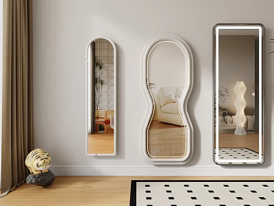 Modern Wall Mounted Mirrors With Sofa Plants And Floor Lamp Reflections In Interior 3d model