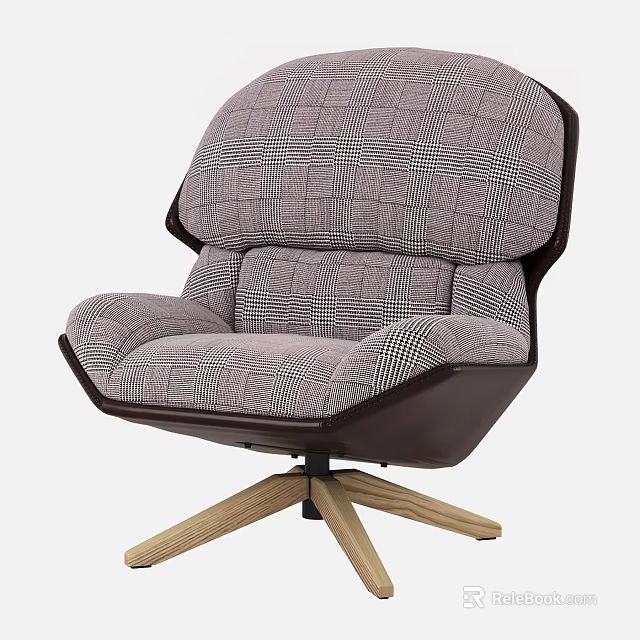 Comfortable Modern Checkered Pattern Upholstered Lounge Chair With Dark Frame And Wooden Base 3d model 