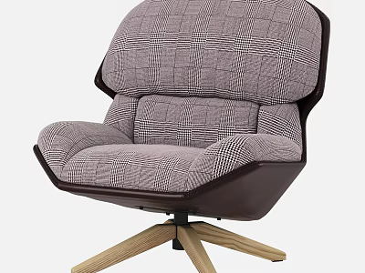 Comfortable Modern Checkered Pattern Upholstered Lounge Chair With Dark Frame And Wooden Base 3d model