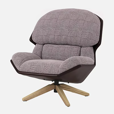 Comfortable Modern Checkered Pattern Upholstered Lounge Chair With Dark Frame And Wooden Base 3d model
