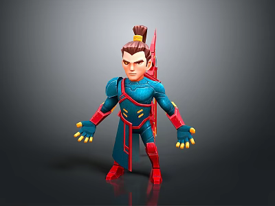 Colorful 3D Cartoon Character Model With Blue Red Outfit Yellow Gloves And Bun Hairstyle 3d model