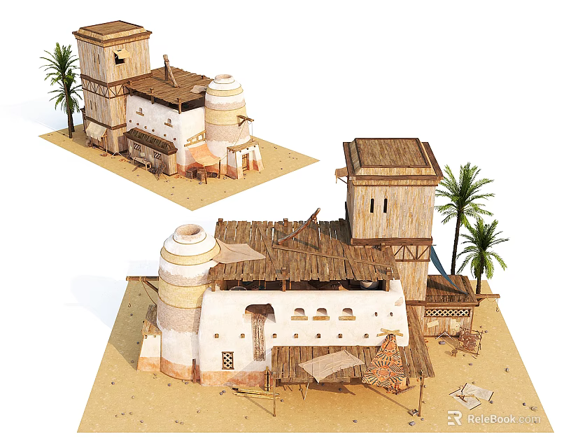 Traditional Detached Villa With Thatched Roof Towers And Palm Trees In Sand 3d model 