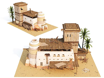 Traditional Detached Villa With Thatched Roof Towers And Palm Trees In Sand 3d model