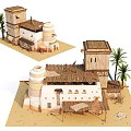 Traditional Detached Villa With Thatched Roof Towers And Palm Trees In Sand