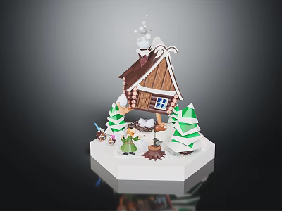 Festive Gingerbread House Structure With Decorative Trees Small Figures And White Base 3d model