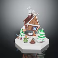 Festive Gingerbread House Structure With Decorative Trees Small Figures And White Base