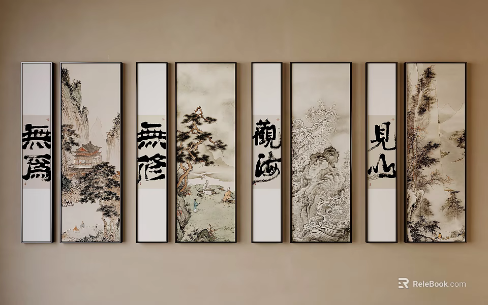 Traditional Chinese Landscape Paintings With Calligraphy Artwork Hanging On Wall 3d model 