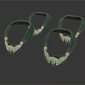 Four Green Fabric Bracelets With Silver Decorations And Green Gemstones