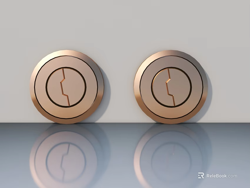 Light Colored Hinged Door With Copper Colored Round Locks And Keyholes 3d model 