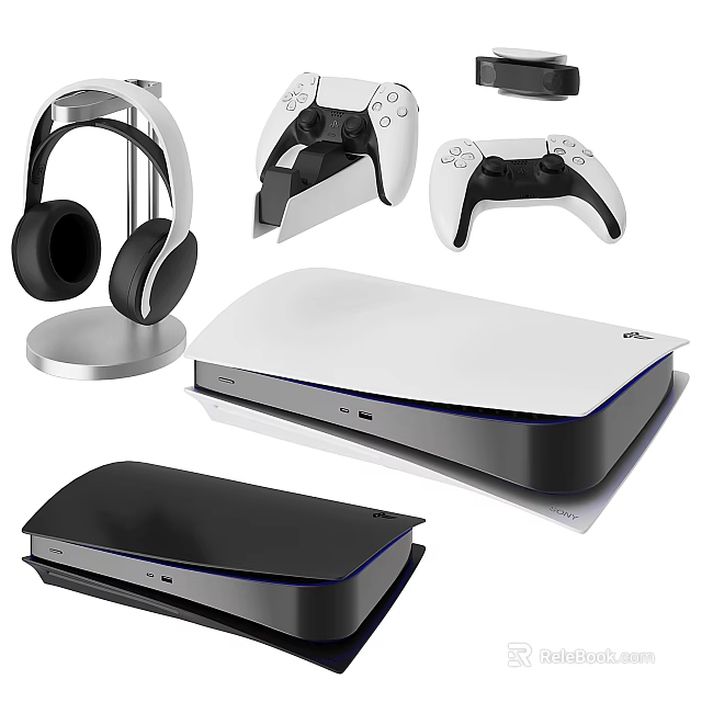 Gaming Entertainment Electronics With White Black Console Wireless Headphones And Controllers 3d model 