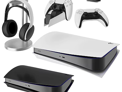 Gaming Entertainment Electronics With White Black Console Wireless Headphones And Controllers 3d model
