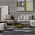 Modern Elegant Sofa Coffee Table Set With Light Colored Upholstery Throw Pillows And Wall Art 3d model