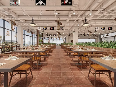 Spacious Open Restaurant Interior With Pirate Flags Long Tables Large Windows And Red Brick Walls 3d model