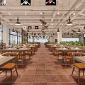 Spacious Open Restaurant Interior With Pirate Flags Long Tables Large Windows And Red Brick Walls