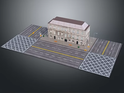 Traditional Residential Building With Detailed Facade On Street Featuring Crosswalks And Traffic Signs 3d model