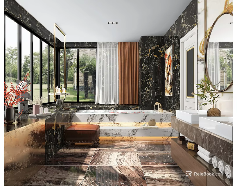 Luxury Modern Bathroom Interior Design With Marble Walls Double Sinks Bathtub And Natural Light 3d model 