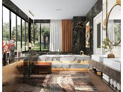 Luxury Modern Bathroom Interior Design With Marble Walls Double Sinks Bathtub And Natural Light 3d model