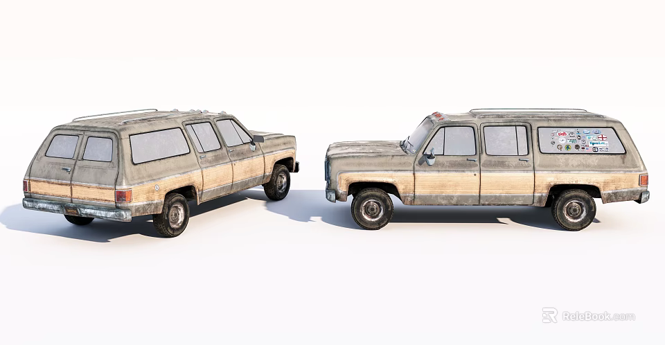 Two Vintage SUVs With Worn Out Beige Exterior Parked Face To Face 3d model 