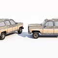 Two Vintage SUVs With Worn Out Beige Exterior Parked Face To Face