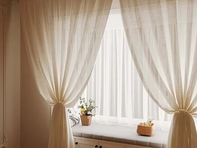 Soft Beige Linen Curtains Framing Window With Flower Vase And Basket On Sill 3d model